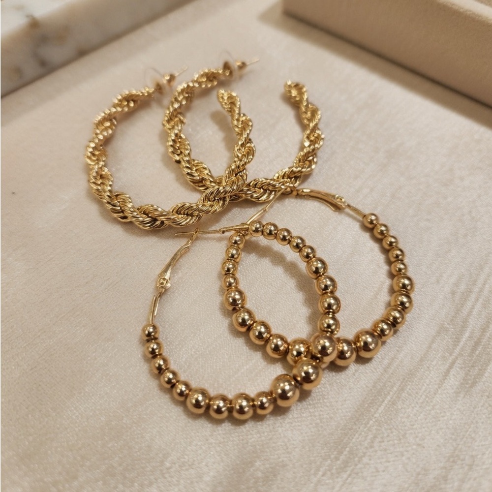 Gold Tone Twisted Rope Ball Bead Hoop Earrings Lot of 2 1.5"